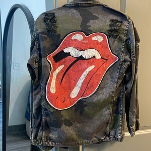 Camouflage Distressed Jacket with Red Graphic